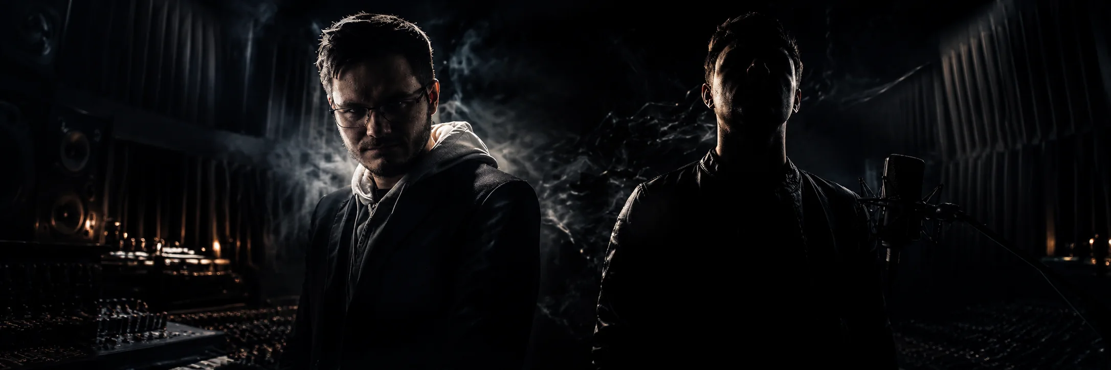 Danny Grey and Ced AWSM in a dark recording studio with smoke, microphone and dramatic light.