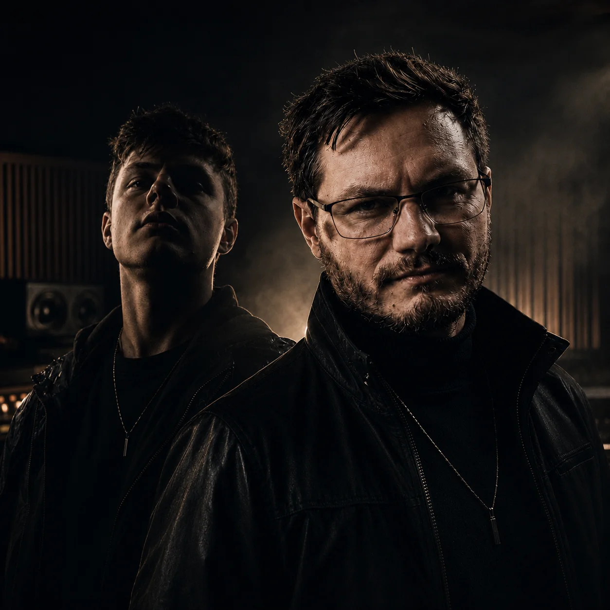 Portrait of Danny Grey and Ced AWSM in a dark studio environment.