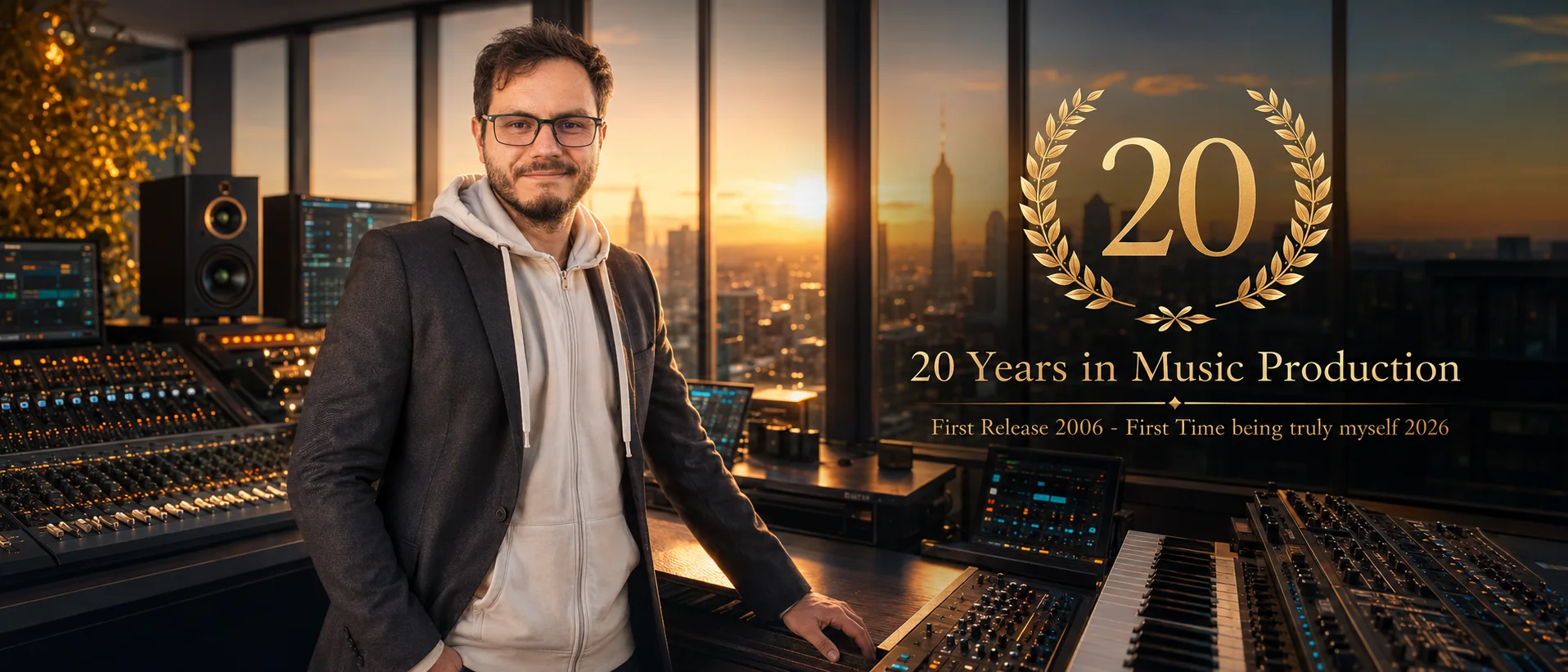 Danny Grey 20 years in music production studio banner with gold anniversary typography.