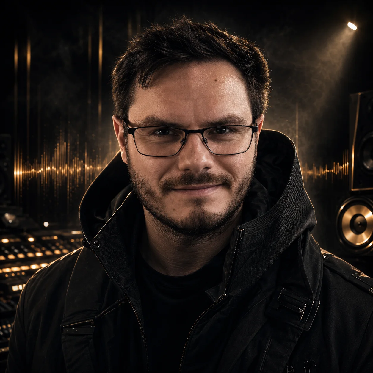 Close portrait of Danny Grey in a dark studio with warm waveform light.