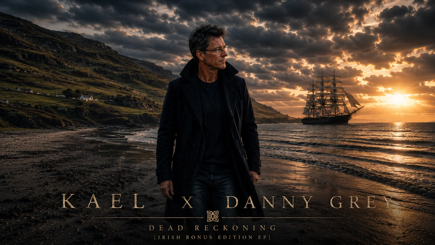 Kael and Danny Grey Dead Reckoning banner on a dramatic coastal beach with tall ship and sunset storm.