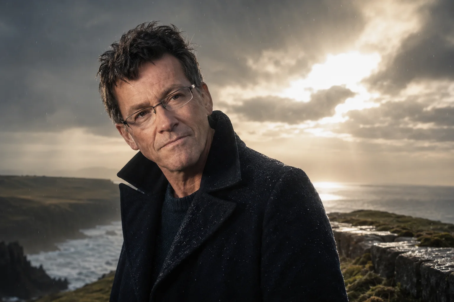 Kael McKinney portrait on a windy Irish coastline with rain, cliffs and dramatic sky.
